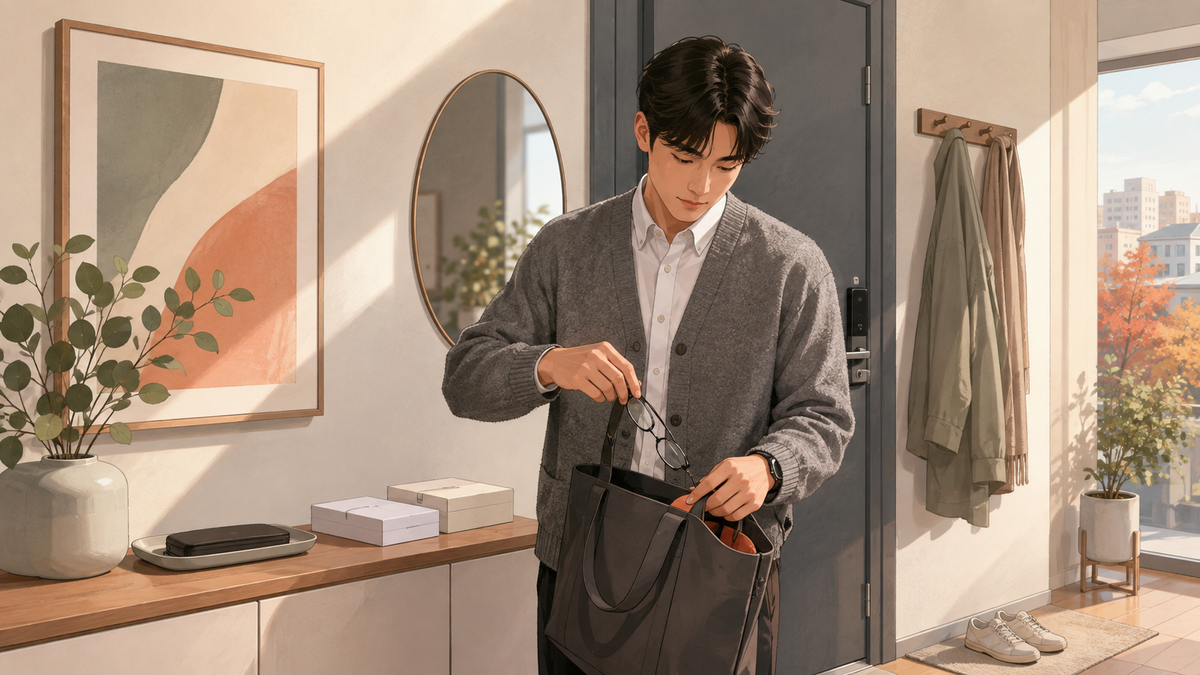 렌즈를 끼고 외출하기 전 가방에 안경 케이스를 함께 챙기는 모습