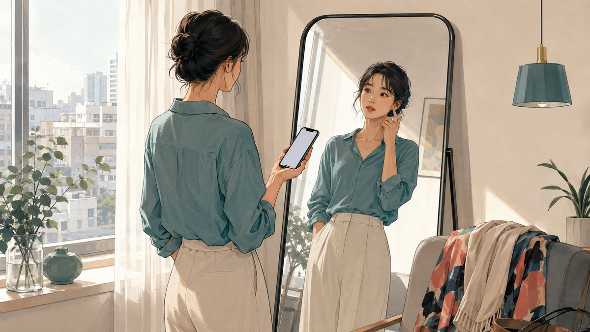 외출 전 거울 앞에서 컬러렌즈 색감과 옷차림을 함께 살펴보는 모습