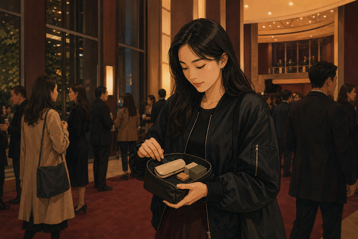 공연장 로비에서 안경 케이스와 작은 파우치를 확인하는 저녁 장면