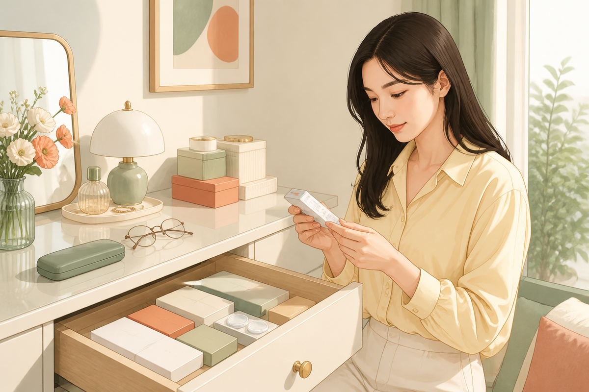 집에서 오래 보관한 렌즈 상자와 안경을 함께 확인하는 아침 장면