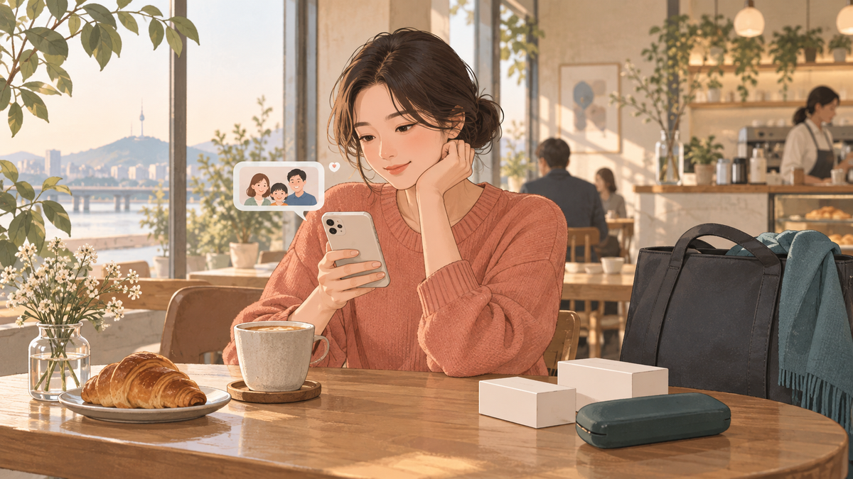 가족 렌즈를 대신 사기 전 카페에서 필요한 정보를 확인하는 생활 장면