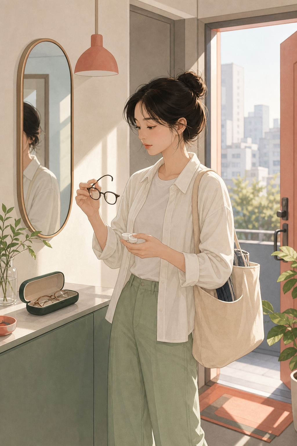 안경원 방문 전 집 현관에서 안경과 렌즈 준비를 함께 생각하는 장면