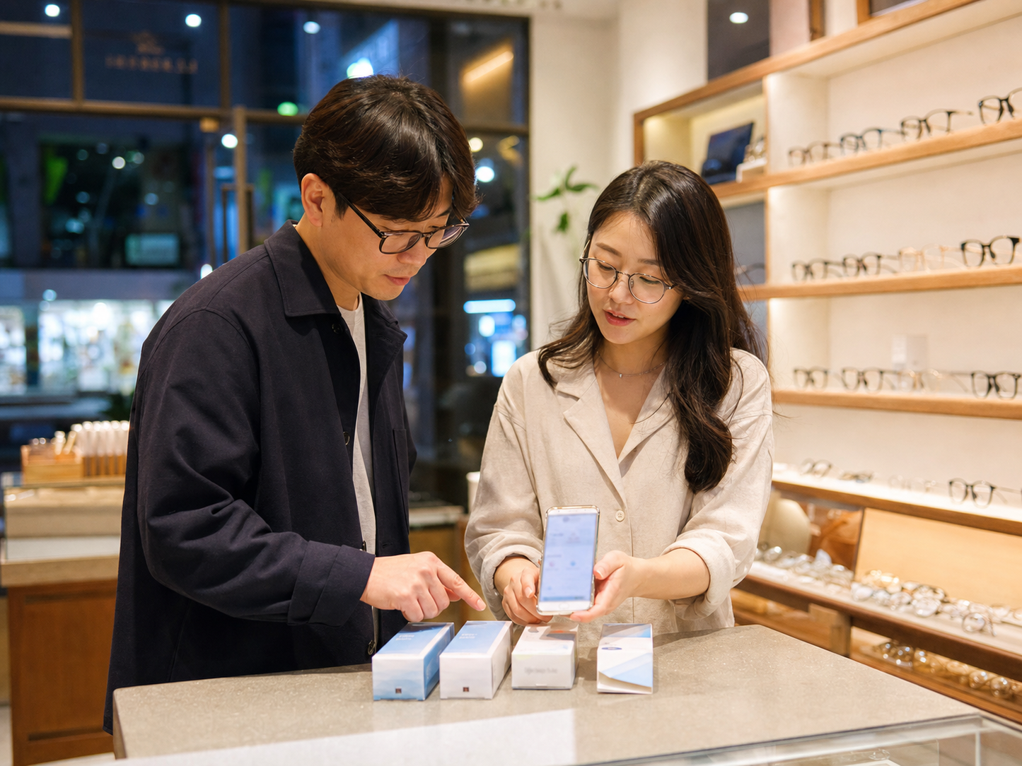 신대방삼거리역 근처 렌즈포유에서 알콘 원데이 렌즈를 상담하는 모습