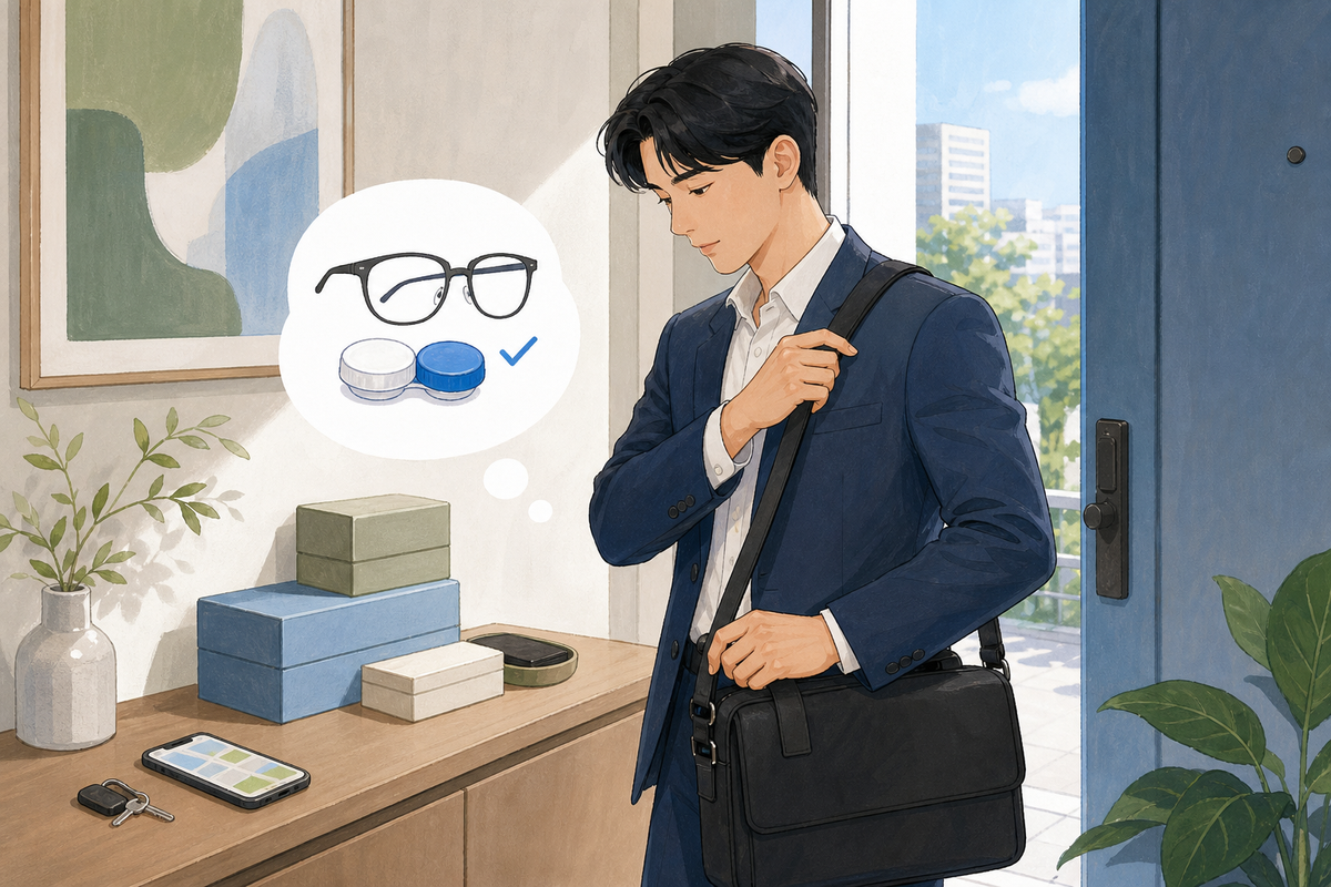 출근 전 안경과 렌즈를 한 번에 준비하려는 생활 장면