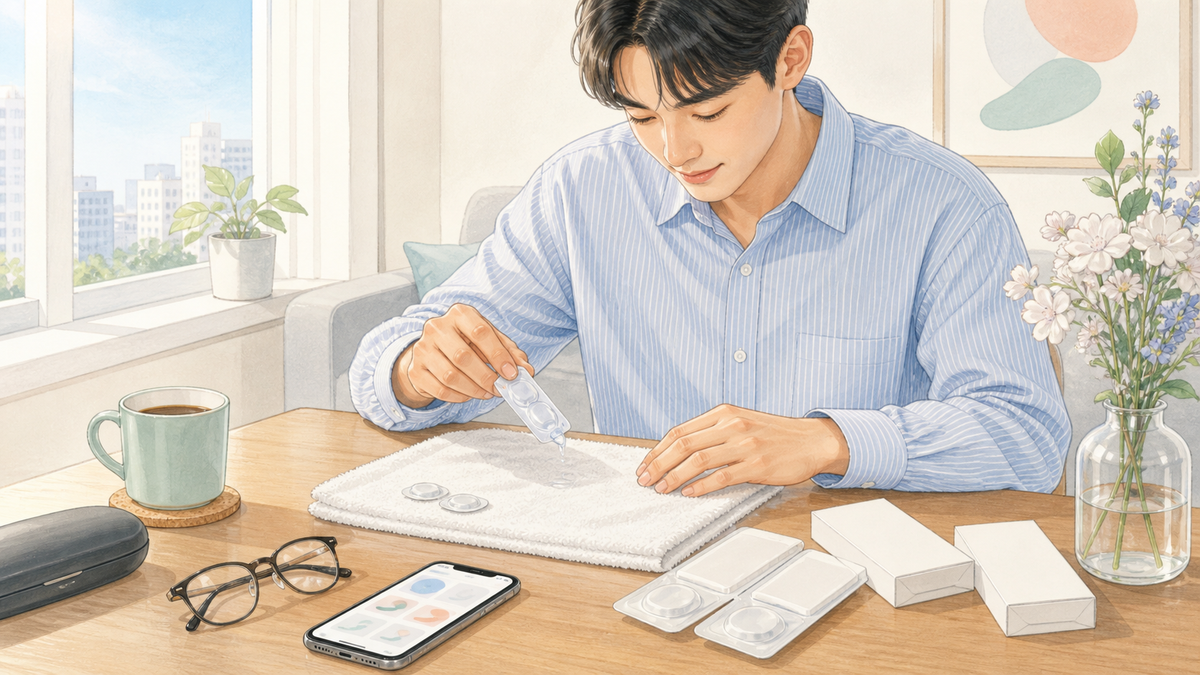 아침 식탁에서 새 원데이렌즈 팩을 밝은 곳에 두고 조심스럽게 확인하는 모습