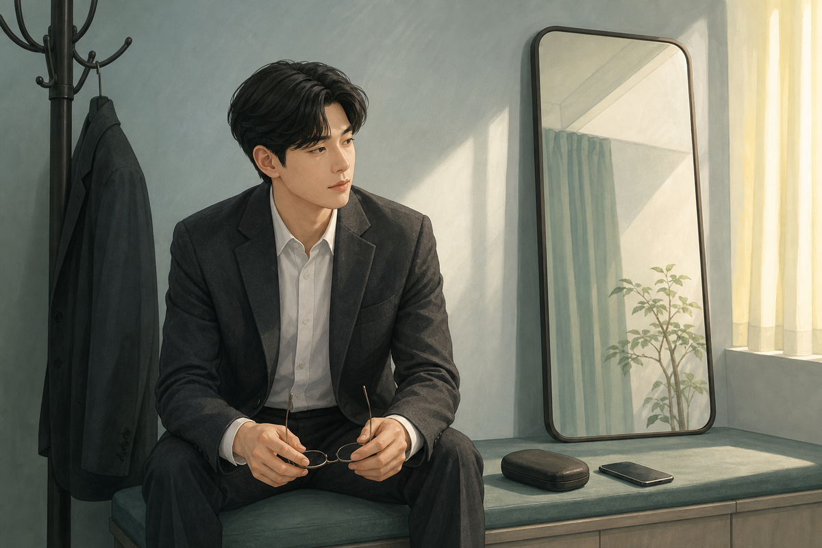 사진 촬영 전 안경과 투명 렌즈 준비를 고민하는 모습