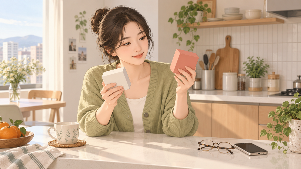 양쪽 도수가 같을 때 렌즈 포장 수량을 차분히 비교하는 아침 생활 장면