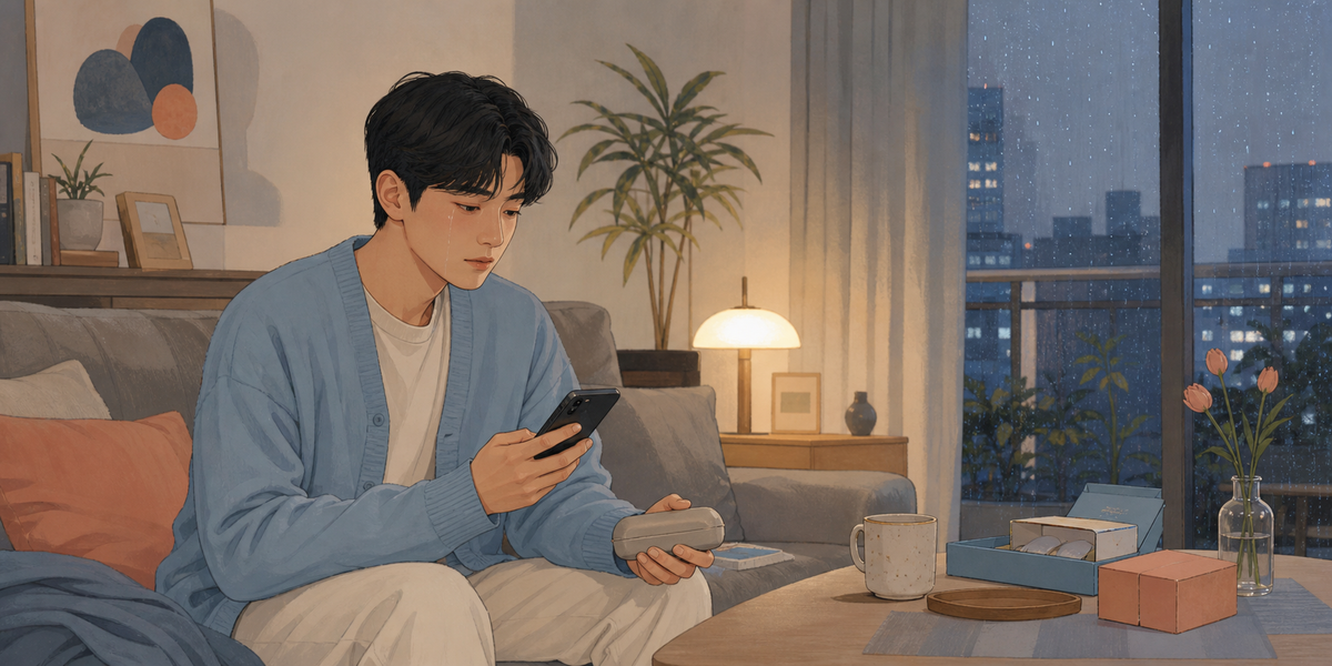 눈물이 난 뒤 렌즈를 계속 낄지 안경 케이스와 휴대폰을 보며 고민하는 생활 장면 일러스트